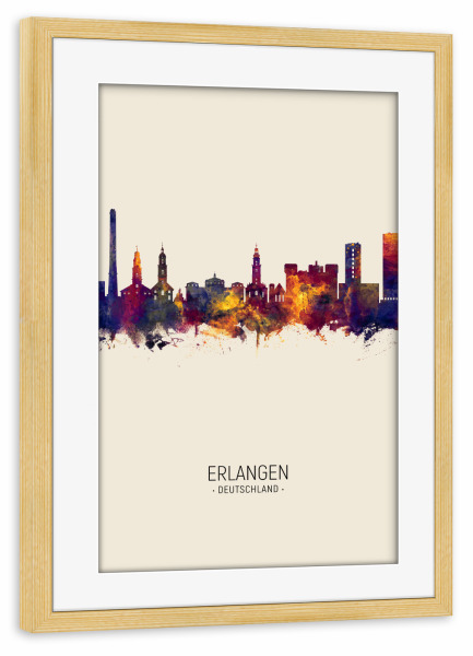 Poster mit Rahmen kiefer "Erlangen Skyline Beige" artboxONE - Städte - Erlangen,Germany,Skyline,Cityscape,Painting,Watercolour,Stadtbild