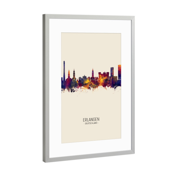 Poster mit Rahmen Silber "Erlangen Skyline Beige" artboxONE - Städte - Erlangen,Germany,Skyline,Cityscape,Painting,Watercolour,Stadtbild