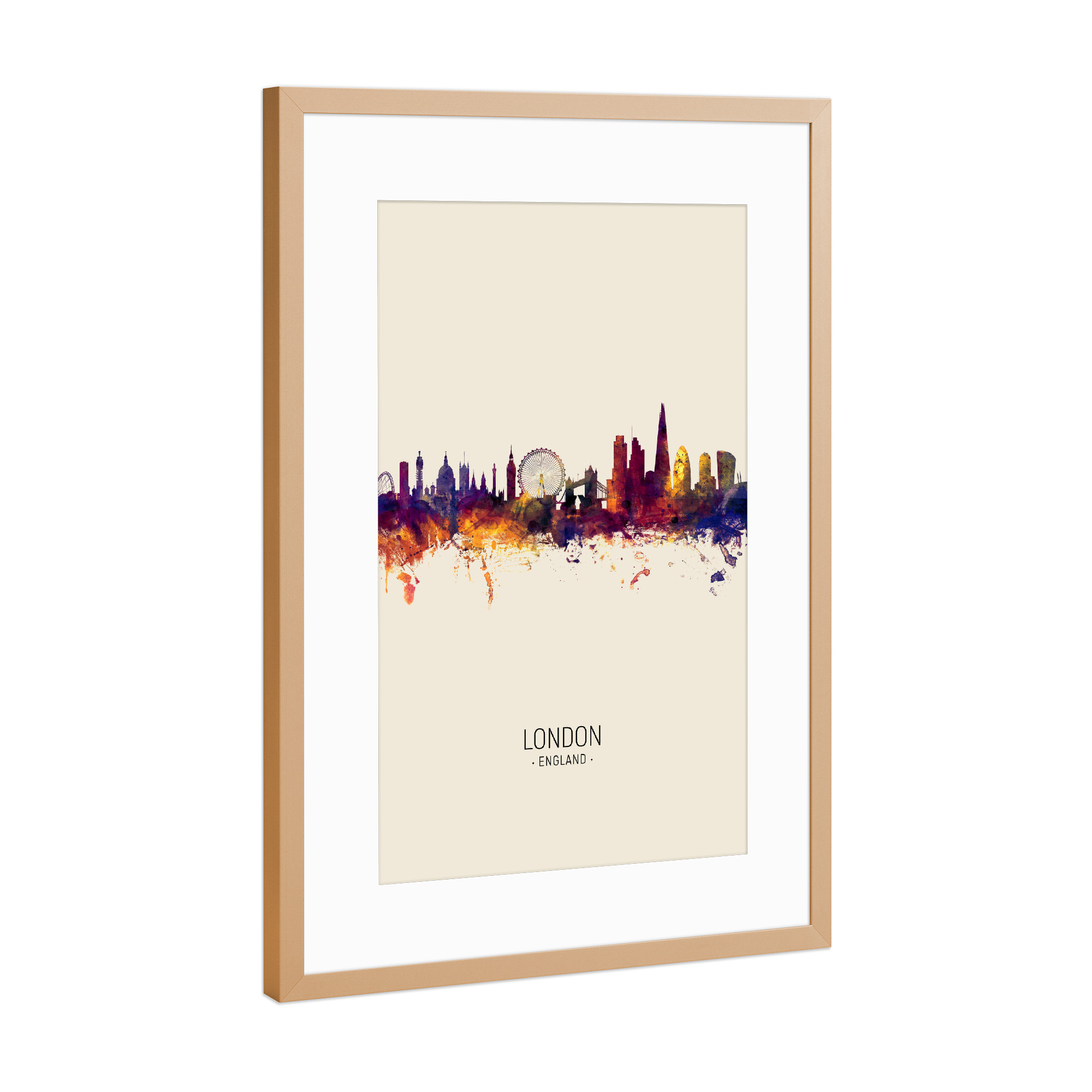 Poster mit Rahmen Kupfer "London Skyline Portrait Beige" artboxONE - Städte / London - London,England,Skyline,Cityscape,Painting,Watercolour,Stadtbild