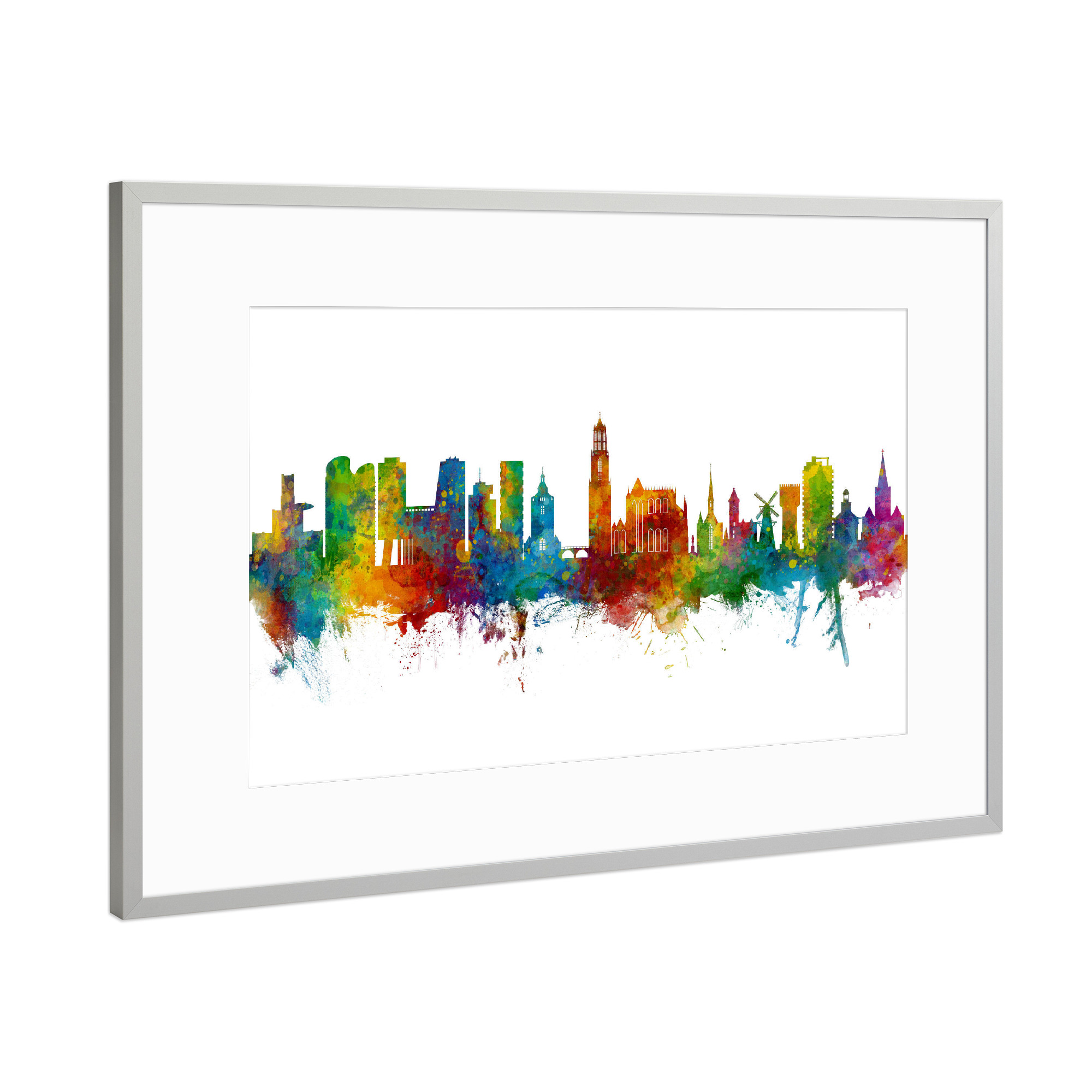 Poster mit Rahmen Silber "Utrecht The Netherlands Skyline" artboxONE - Städte - Utrecht,Netherlands,Skyline,Cityscape,Painting,Watercolour,Stadtbild