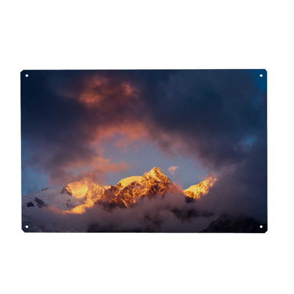 Holzbild "Adishi" artboxONE - Natur,Reise - Gletscher,Berge,Schnee,Natur,Trekking,Sonnenuntergang,Wolken,Orange