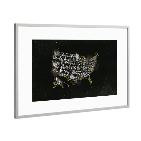 Poster mit Rahmen Silber "Map USA vintage chalk yellow" artboxONE - Reise,Schwarzweiß,Kartografie