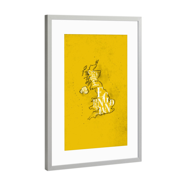 Poster mit Rahmen Silber "Map United Kingdom vintage yellow" artboxONE - Reise,Kartografie