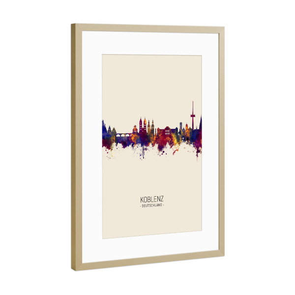 Poster mit Rahmen Gold "Koblenz Germany Skyline Beige" artboxONE - Städte - Koblenz,Germany,Skyline,Cityscape,Painting,Watercolour,Stadtbild