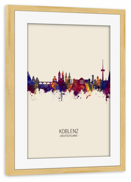 Poster mit Rahmen kiefer "Koblenz Germany Skyline Beige" artboxONE - Städte - Koblenz,Germany,Skyline,Cityscape,Painting,Watercolour,Stadtbild
