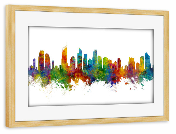 Poster mit Rahmen kiefer "Gold Coast Australia Skyline" artboxONE - Städte - Gold coast,Australia,Skyline,Cityscape,Painting,Watercolour,Stadtbild