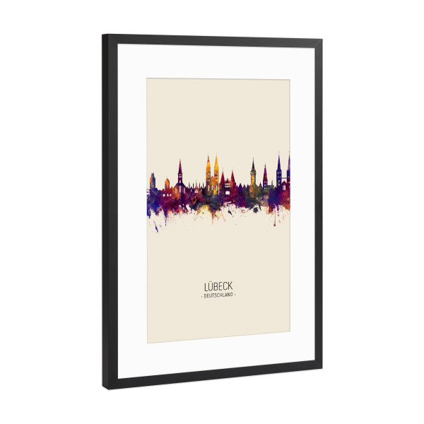 Poster mit Rahmen Schwarz (Metallic) "Lübeck Skyline Beige" artboxONE - Städte - Lübeck,Germany,Skyline,Cityscape,Painting,Watercolour,Stadtbild
