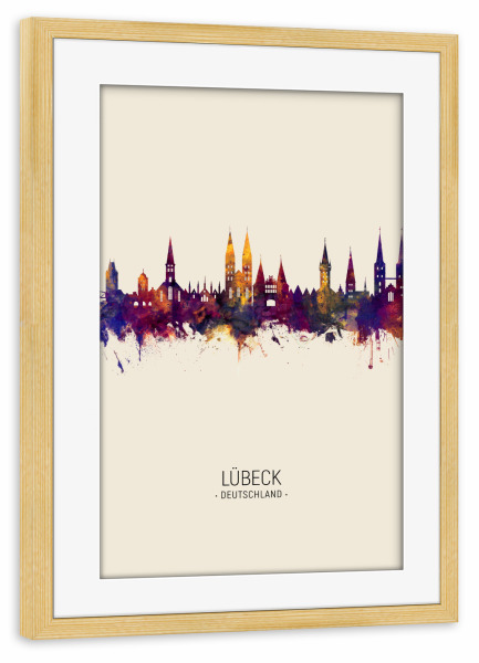 Poster mit Rahmen kiefer "Lübeck Skyline Beige" artboxONE - Städte - Lübeck,Germany,Skyline,Cityscape,Painting,Watercolour,Stadtbild