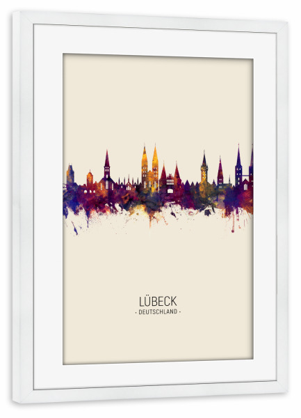 Poster mit Rahmen weiß "Lübeck Skyline Beige" artboxONE - Städte - Lübeck,Germany,Skyline,Cityscape,Painting,Watercolour,Stadtbild