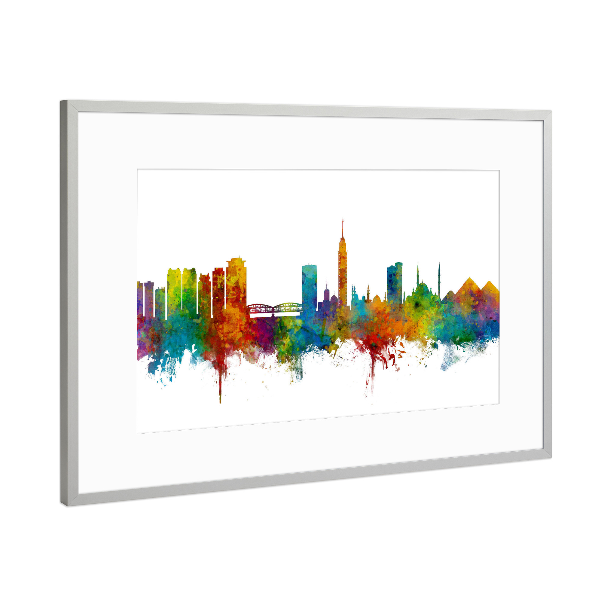 Poster mit Rahmen Silber "Cairo Egypt Skyline" artboxONE - Städte - Cairo,Egypt,Skyline,Cityscape,Painting,Watercolour,Stadtbild