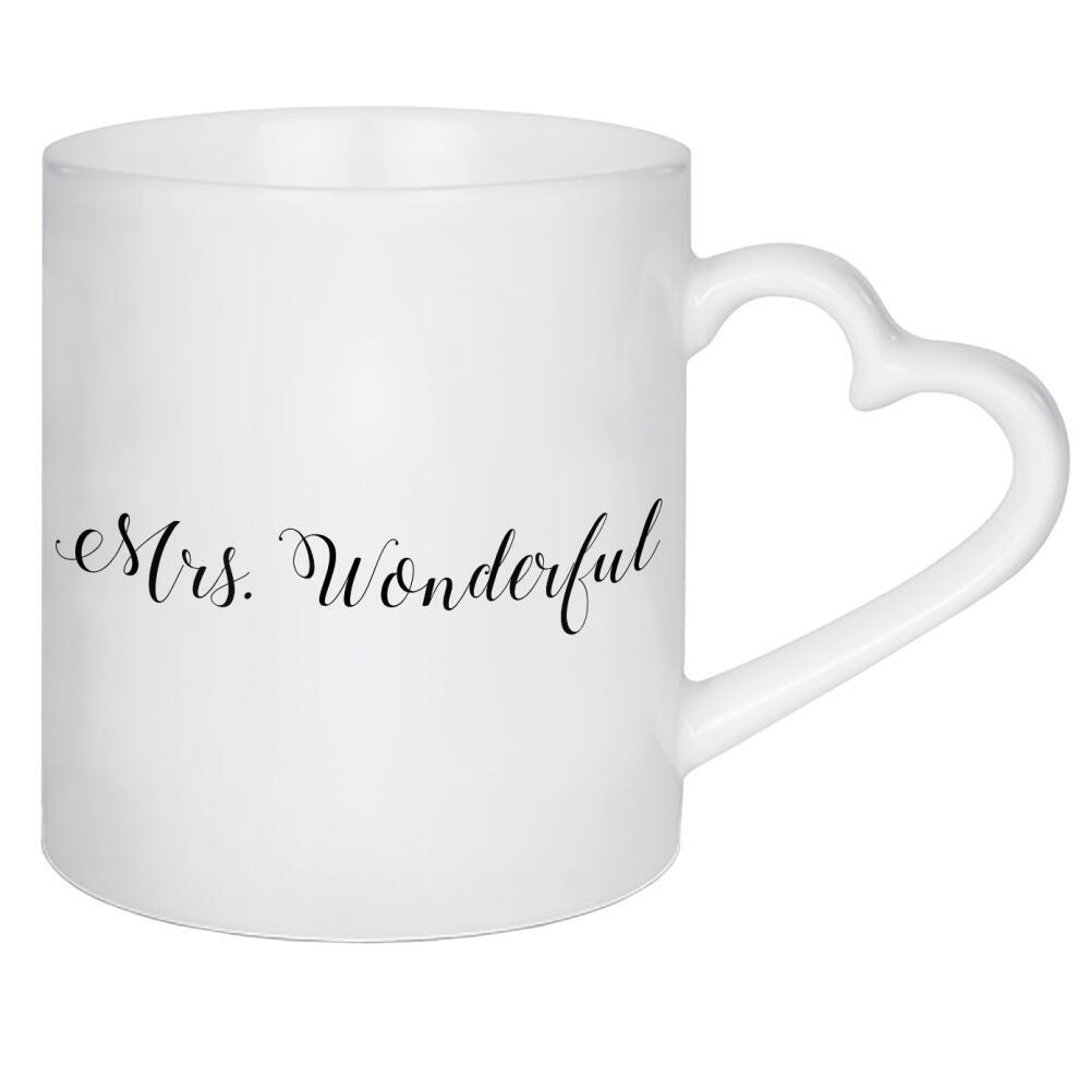 Herztasse "Mrs. Wonderful" artboxONE - Typografie,Schwarzweiß,Liebe - Mrs. wonderful,Wundervoll,Wunderbar,Herr,Frau,Liebe,Liebe,Typografie,Typo