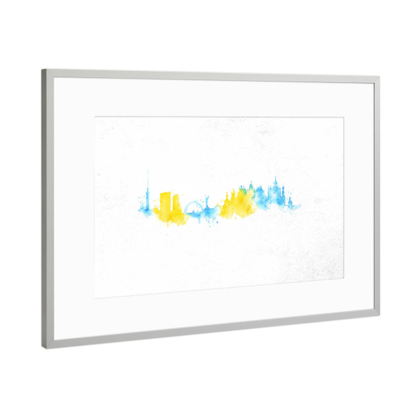 Poster mit Rahmen Silber "Silhouette watercolor Kiev" artboxONE - Städte - Skyline,City,Silhouette,Cityscape,Skyscraper,Watercolor,Handrawn