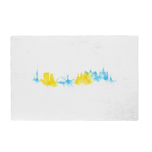 Holzbild "Silhouette watercolor Kiev" artboxONE - Städte - Skyline,City,Silhouette,Cityscape,Skyscraper,Watercolor,Handrawn