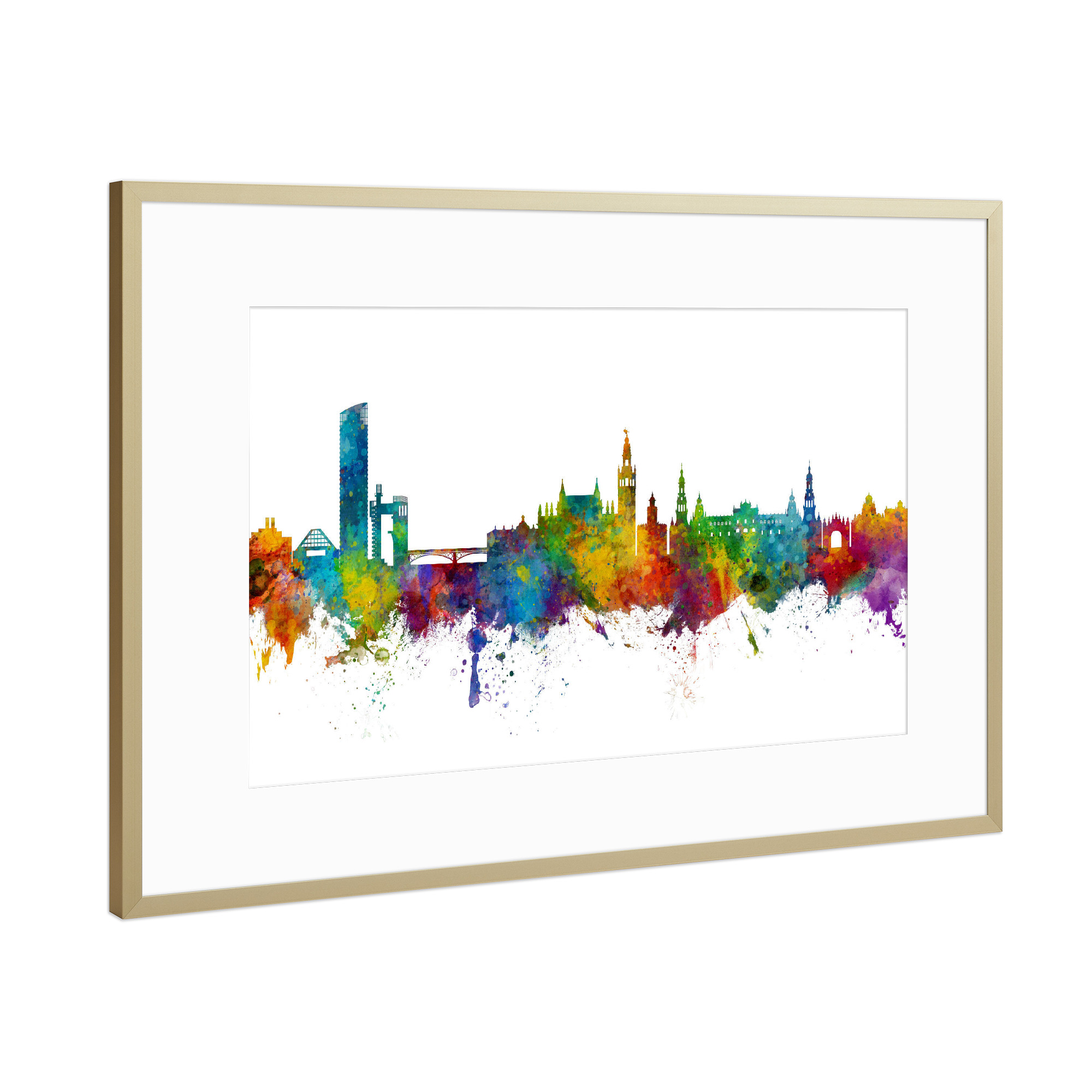 Poster mit Rahmen Gold "Sevilla Spain Skyline" artboxONE - Städte - Spain,Skyline,Cityscape,Painting,Watercolour,Stadtbild,Sevilla