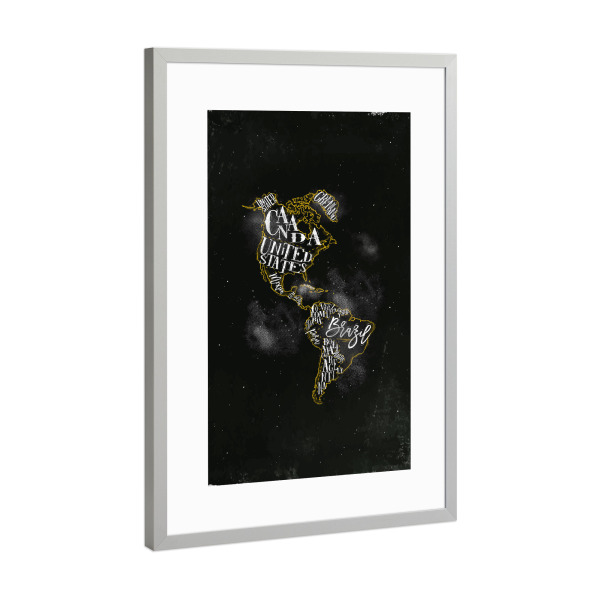 Poster mit Rahmen Silber "Map America vintage chalk yellow" artboxONE - Reise,Schwarzweiß,Kartografie - Amerika,Landkarte,Vintage