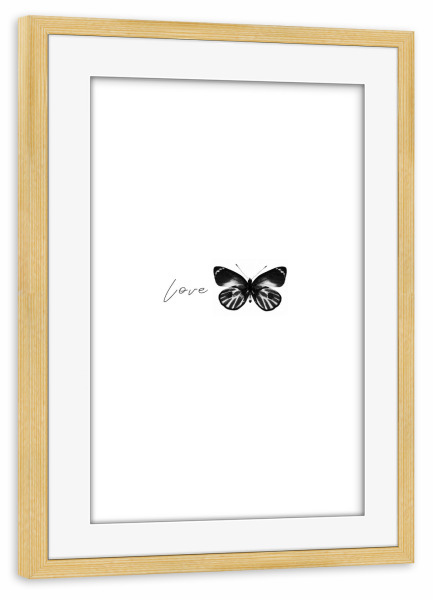Poster mit Rahmen kiefer "Schmetterling LOVE" artboxONE - Typografie,Tiere,Schwarzweiß - Liebe,Love,Schmetterling,Tiere,Lieben,Pärchen