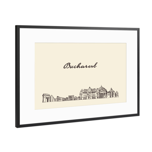 Poster mit Rahmen Schwarz (Metallic) "Bucharest hand drawn skyline" artboxONE - Städte,Reise
