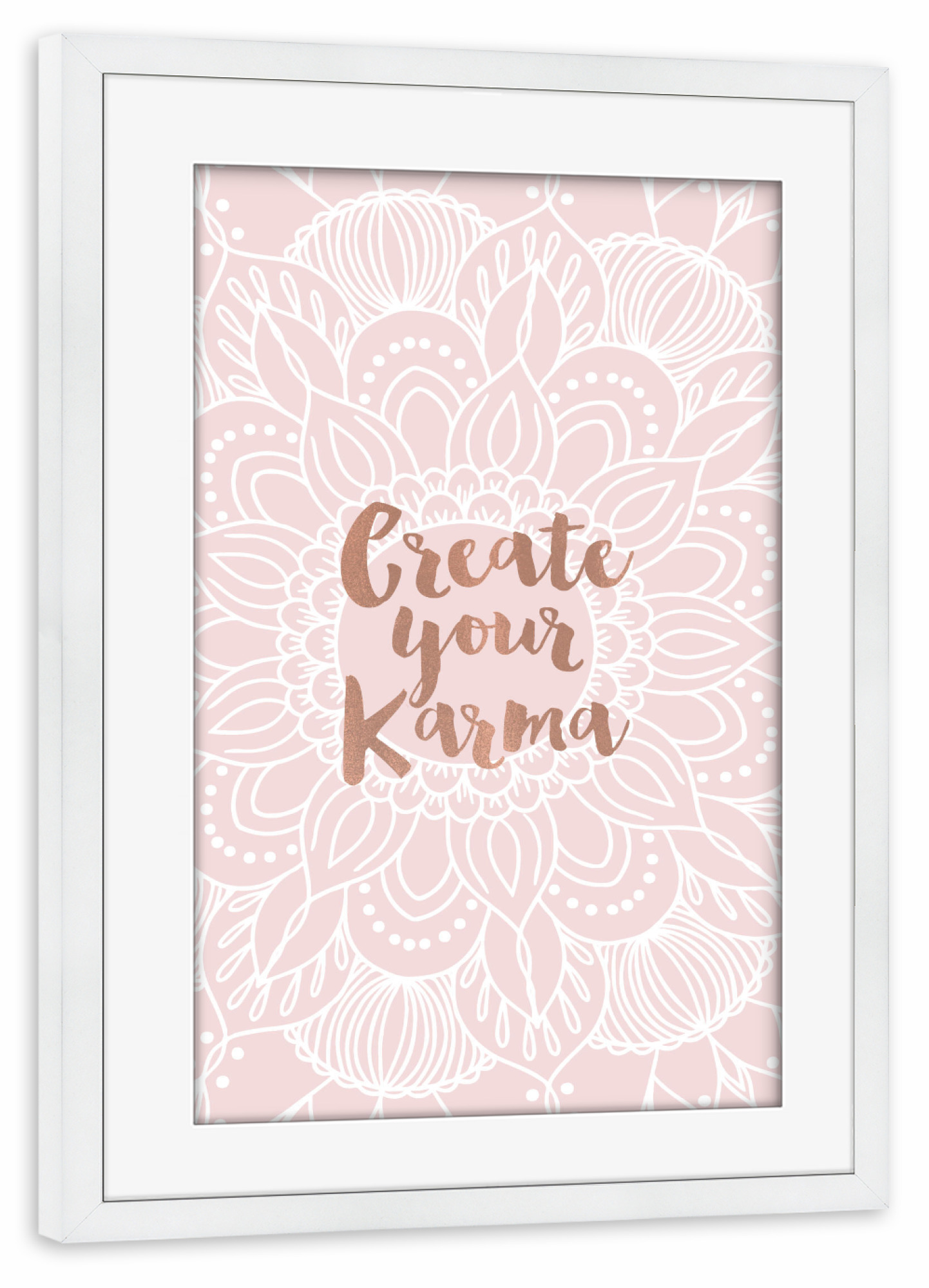 Poster mit Rahmen weiß "Create your Karma" artboxONE - Typografie - Mandala,Yoga,Geometry,Geometric,Love,Calligraphy,Pink,Typography,Karma