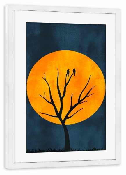 Poster mit Rahmen weiß "Moonshine Lovebirds" artboxONE - Abstrakt - Baum,Silhouette,Mond,Mondschein,Vögel,Abstrakt
