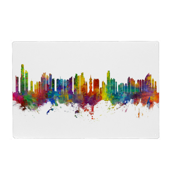 Holzbild "Panama City Skyline" artboxONE - Städte - Panama city,Panama,Skyline,Cityscape,Painting,Watercolour,Stadtbild