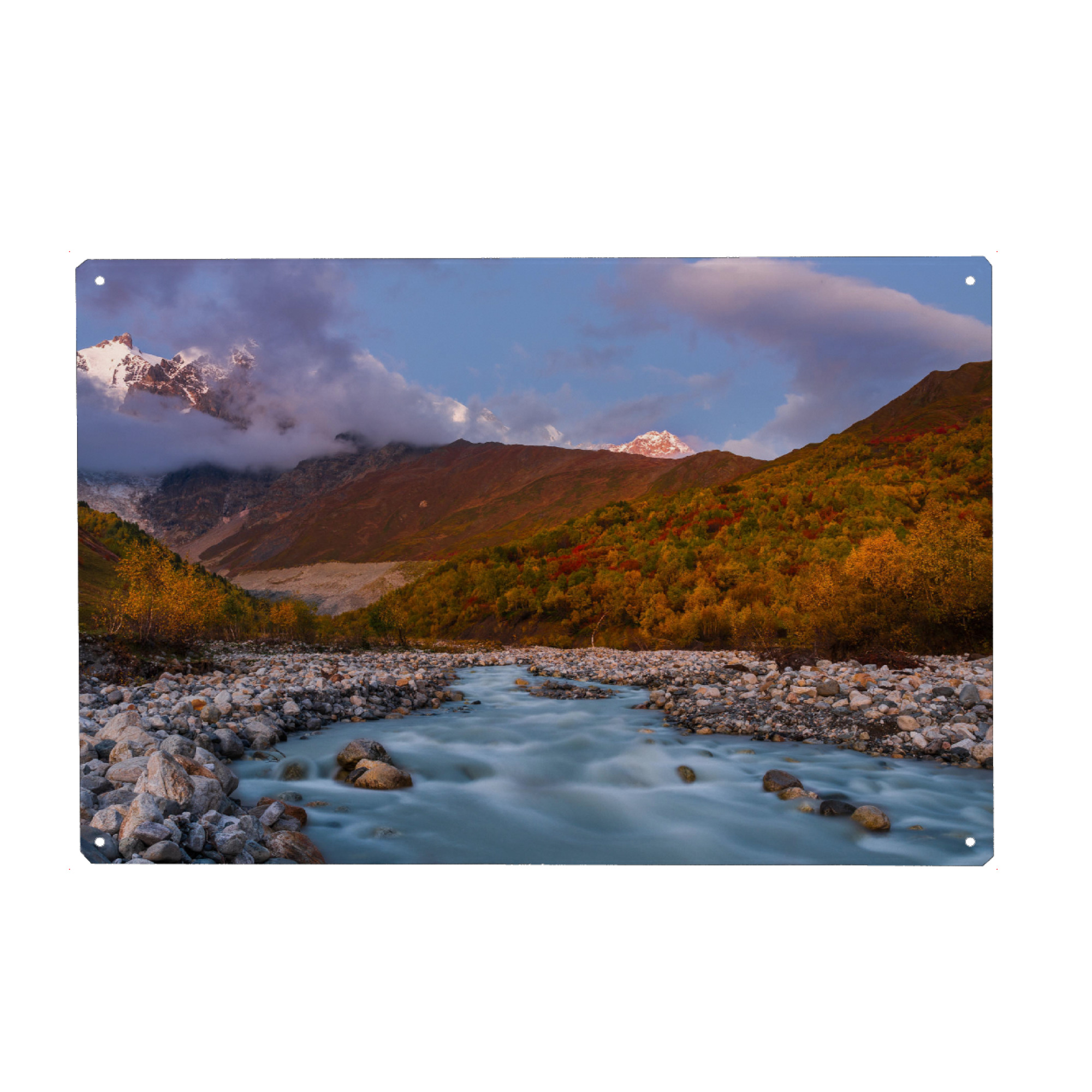 Holzbild "Awesome autumn" artboxONE - Natur - Herbst,Berge,Fluss,Wasser,Bäume,Farbenfroh,Gletscher,Gipfel,Trekking,Outdoor,Georgia