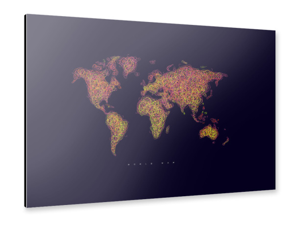 Alu-Dibond "World map tangle line pink dark" 30x20 cm artboxONE