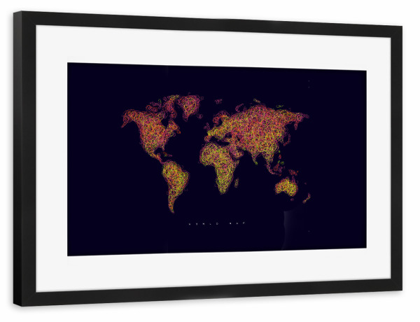 Poster mit Rahmen schwarz "World map tangle line pink dark" artboxONE - Kartografie