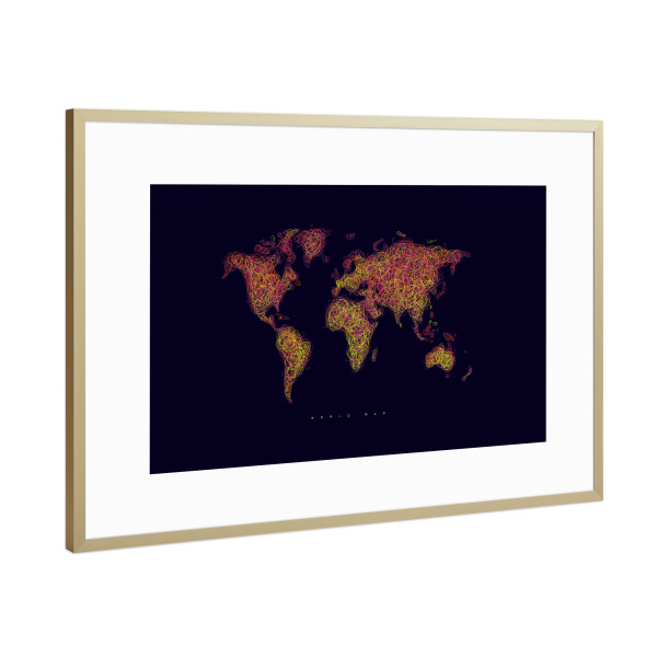 Poster mit Rahmen Gold "World map tangle line pink dark" artboxONE - Kartografie
