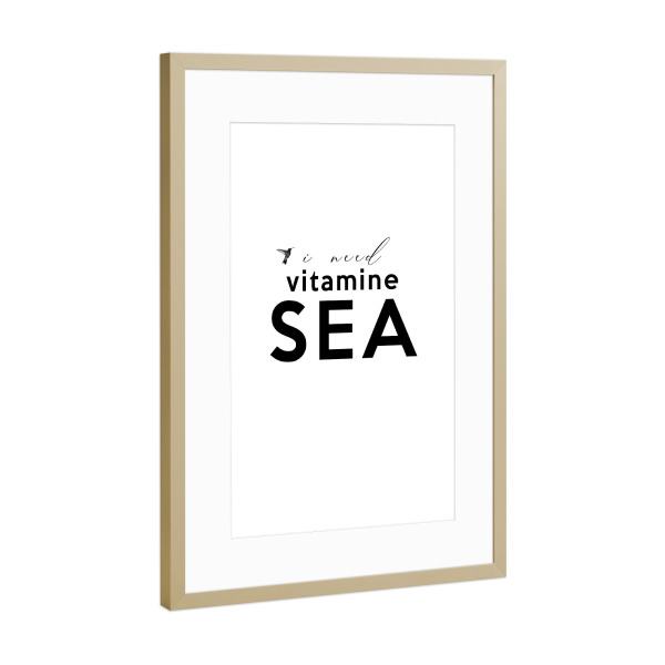 Poster mit Rahmen Gold "VITAMINE SEA" artboxONE - Typografie,Schwarzweiß - Vogel,Vitamine,Sommer,Sonne,Strand,Urlaub