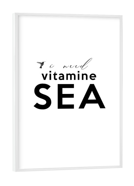 Poster mit weißem Rahmen "VITAMINE SEA" artboxONE - Typografie,Schwarzweiß - Vogel,Vitamine,Sommer,Sonne,Strand,Urlaub