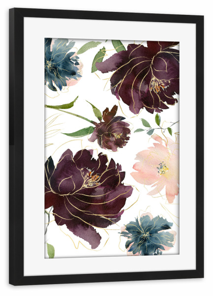 Poster mit Rahmen schwarz "Aquarell Blumen" artboxONE - Floral - Wasserfarbe,Feminin,Gold,Aquarellzeichnung,Frühling,Blumenbouquet,Blüten,Blumen