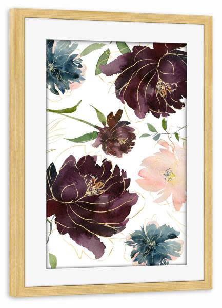 Poster mit Rahmen kiefer "Aquarell Blumen" artboxONE - Floral - Wasserfarbe,Feminin,Gold,Aquarellzeichnung,Frühling,Blumenbouquet,Blüten,Blumen