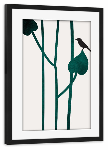 Poster mit Rahmen schwarz "Little Bird On A Tree" artboxONE - Floral - Vogel,Pflanze,Blatt,Abstrakt