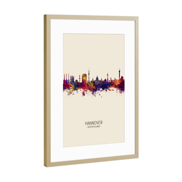 Poster mit Rahmen Gold "Hannover Skyline Beige" artboxONE - Städte - Hannover,Germany,Skyline,Cityscape,Painting,Watercolour,Stadtbild