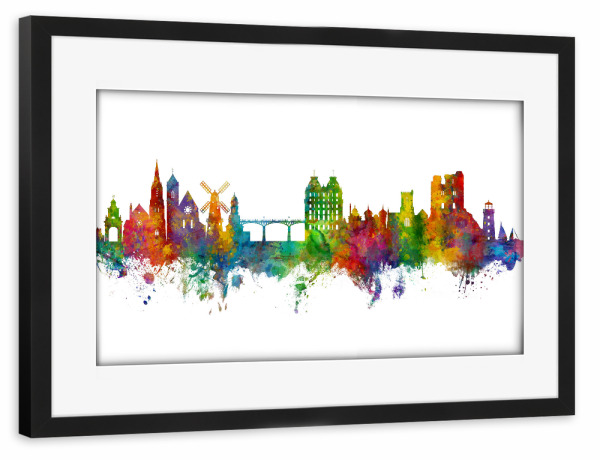 Poster mit Rahmen schwarz "Scarborough England Skyline" artboxONE - Städte - Scarborough,England,Skyline,Cityscape,Painting,Watercolour,Stadtbild