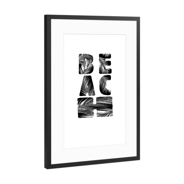 Poster mit Rahmen Schwarz (Metallic) "Schriftzug: BEACH" artboxONE - Typografie,Schwarzweiß