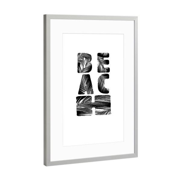 Poster mit Rahmen Silber "Schriftzug: BEACH" artboxONE - Typografie,Schwarzweiß