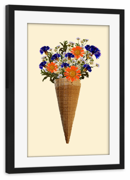 Poster mit Rahmen schwarz "Blumeneistüte" artboxONE - Floral - Eis,Blumen,Flowers,Blumeneis,Ice,Iceart,Icecream,Fotografie,Collage,Fotocollage