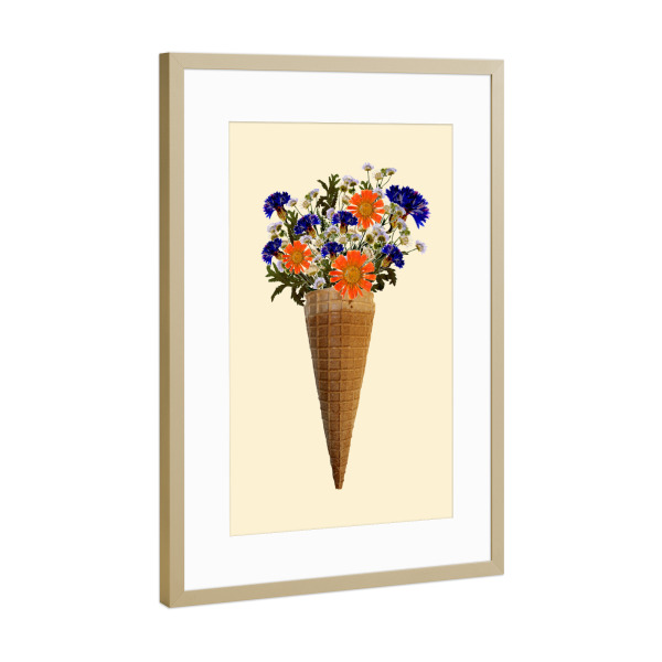 Poster mit Rahmen Gold "Blumeneistüte" artboxONE - Floral - Eis,Blumen,Flowers,Blumeneis,Ice,Iceart,Icecream,Fotografie,Collage,Fotocollage