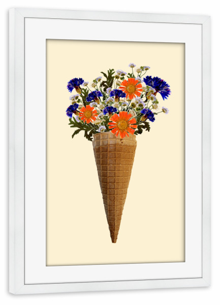Poster mit Rahmen weiß "Blumeneistüte" artboxONE - Floral - Eis,Blumen,Flowers,Blumeneis,Ice,Iceart,Icecream,Fotografie,Collage,Fotocollage