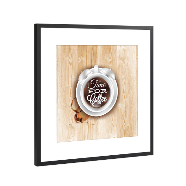 Poster mit Rahmen Schwarz (Metallic) "Cup cofee alarm clock light wood" artboxONE - Essen & Trinken,Schwarzweiß