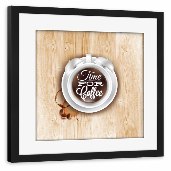 Poster mit Rahmen schwarz "Cup cofee alarm clock light wood" artboxONE - Essen & Trinken,Schwarzweiß