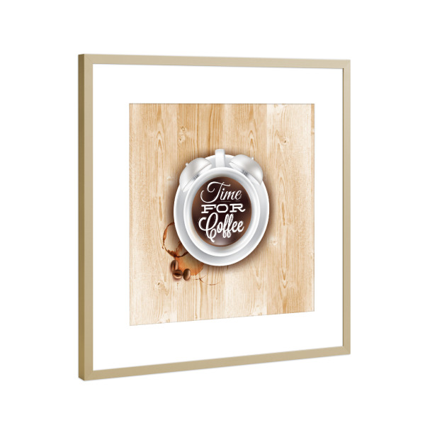Poster mit Rahmen Gold "Cup cofee alarm clock light wood" artboxONE - Essen & Trinken,Schwarzweiß