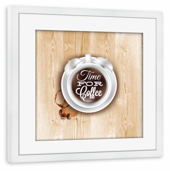 Poster mit Rahmen weiß "Cup cofee alarm clock light wood" artboxONE - Essen & Trinken,Schwarzweiß
