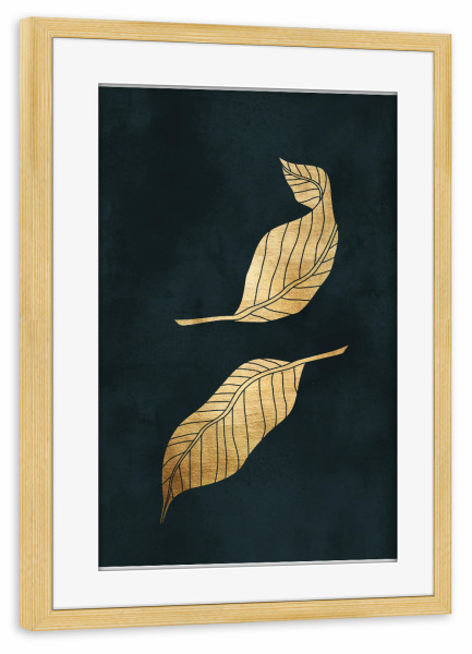Poster mit Rahmen kiefer "Dancing Leafs In Gold" artboxONE - Abstrakt - Blätter,Gold,Abstrakt