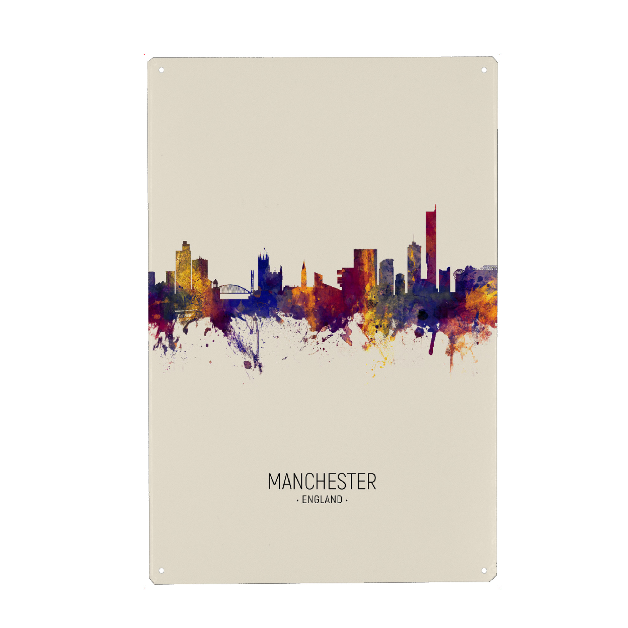 Metall Poster "Manchester England Skyline Beige" artboxONE - Städte - Manchester,England,Skyline,Cityscape,Painting,Watercolour,Stadtbild
