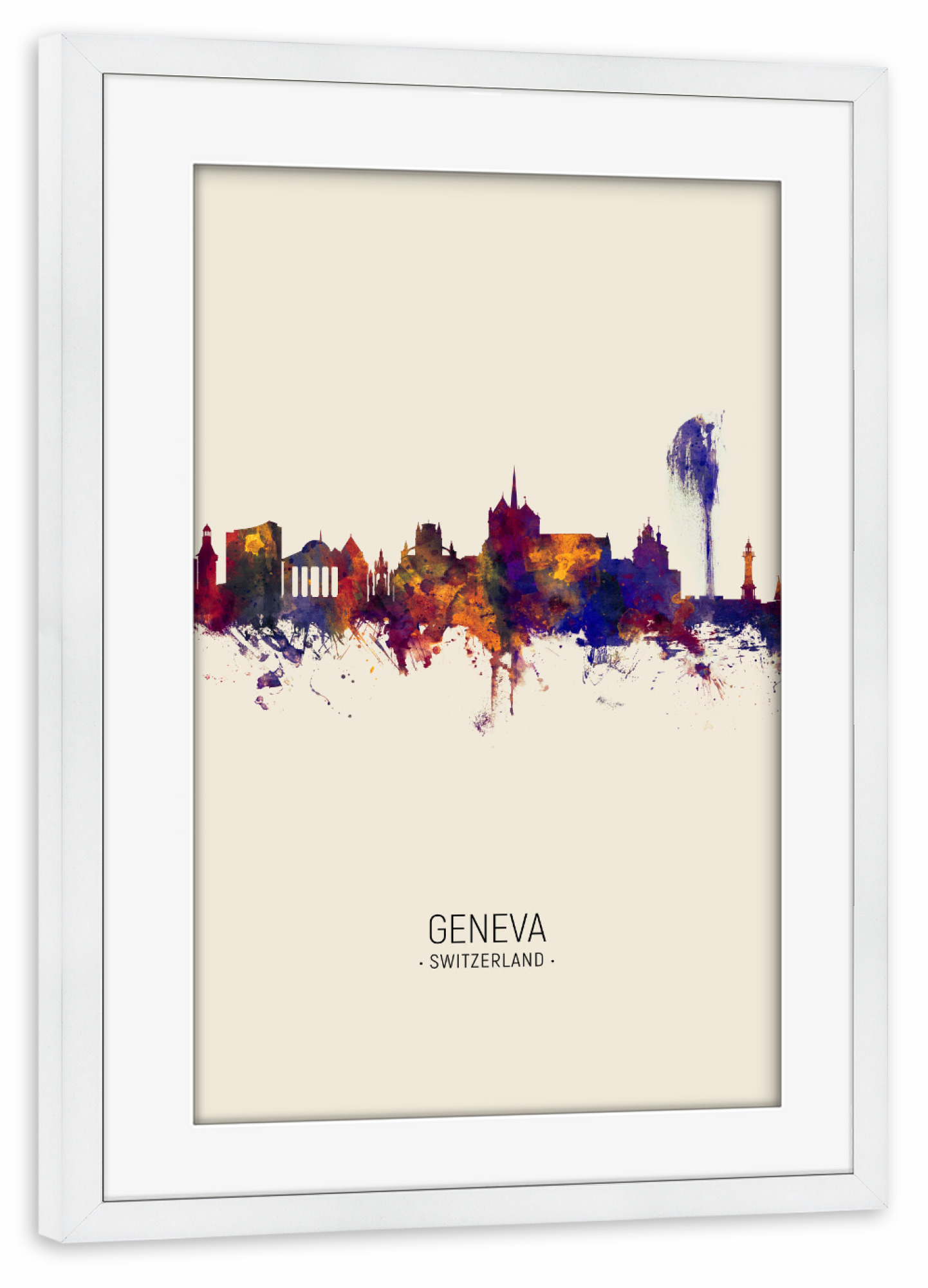 Poster mit Rahmen weiß "Geneva Switzerland Skyline Beige" artboxONE - Städte - Geneva,Switzerland,Skyline,Cityscape,Painting,Watercolour,Stadtbild