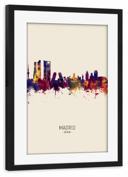 Poster mit Rahmen schwarz "Madrid Spain Skyline Beige" artboxONE - Städte - Madrid,Spain,Skyline,Cityscape,Painting,Watercolour,Stadtbild