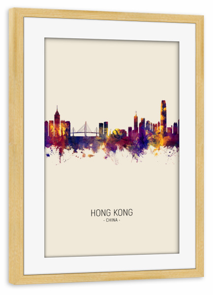 Poster mit Rahmen kiefer "Hong Kong Skyline Beige" artboxONE - Städte - Hong kong,China,Skyline,Cityscape,Painting,Watercolour,Stadtbild