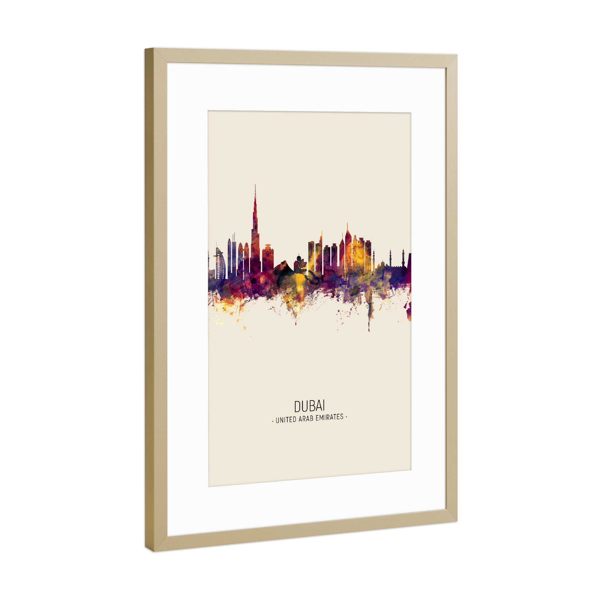 Poster mit Rahmen Gold "Dubai Skyline Beige" artboxONE - Städte / Dubai - Dubai,United arab emirates,Skyline,Cityscape,Painting,Watercolour,Stadtbild